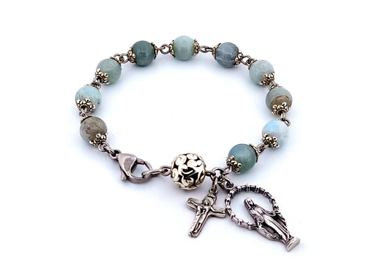 Our Lady of Grace unique rosary beads  aquamarine gemstone single decade rosary bracelet with Our Lady of Sorrows crucifix and Tibetan silver Our Father bead.