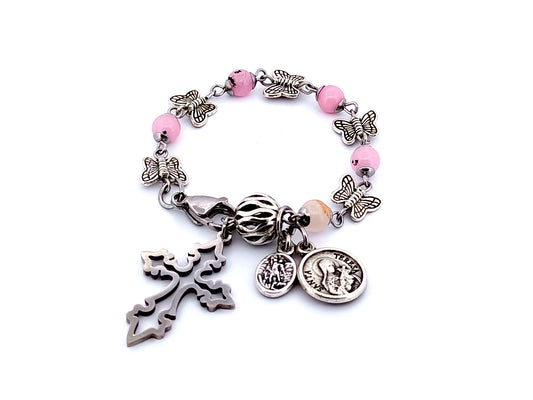 Saint Therese of Lisieux unique rosary beads and Saint Michael rose quart and butterfly single decade rosary bracelet.