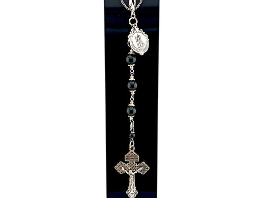 Saint Christopher unique rosary beads Three Hail Mary purse clip with onyx gemstone and pardon crucifix on lobster purse clasp.