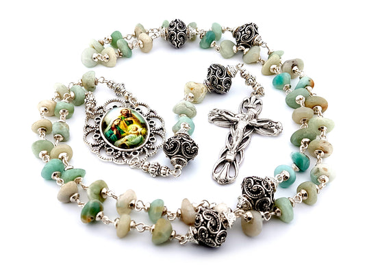 Holy Family unique rosary beads amazonite gemstone rosary beads with silver Bali beads and filigree crucifix.