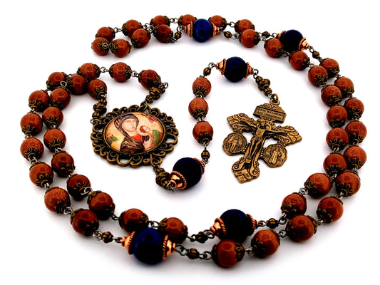 Our Lady of Perpetual Help unique rosary beads redstone and lapis lazuli gemstone rosary beads with bronze Pardon crucifix.