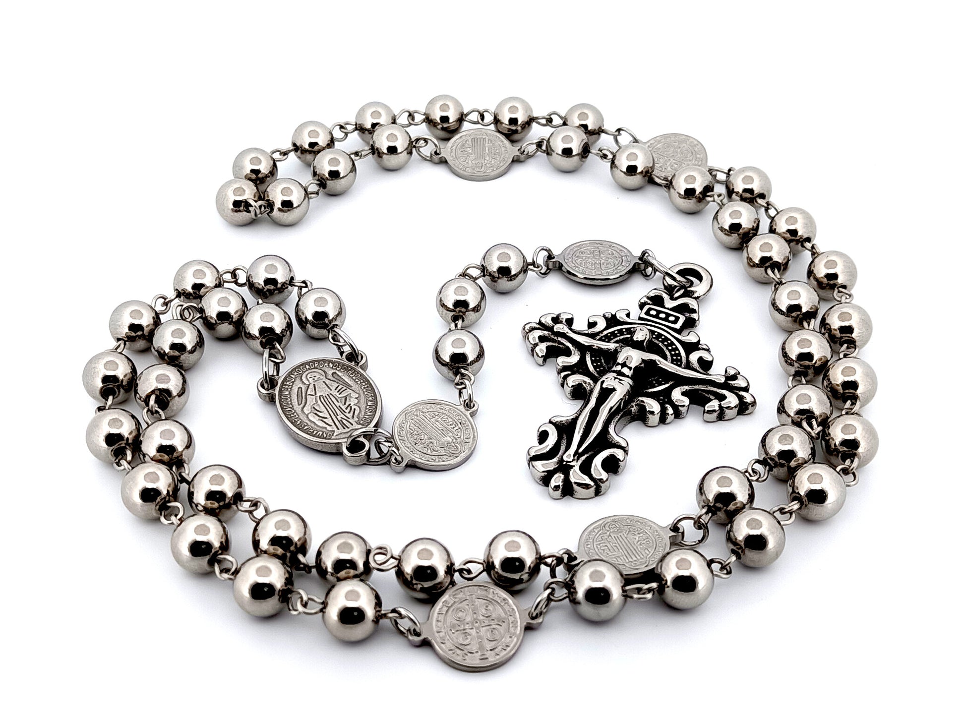 Miraculous medal stainless steel large rosary beads with Saint Benedict medals and scroll crucifix.