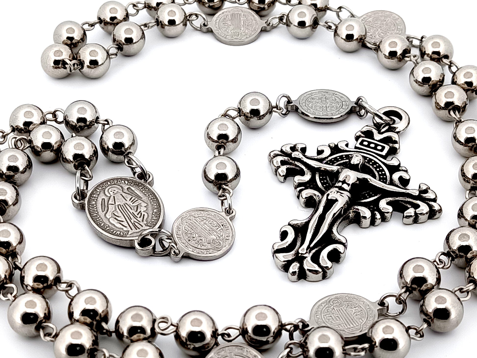 Miraculous medal stainless steel large rosary beads with Saint Benedict medals and scroll crucifix.