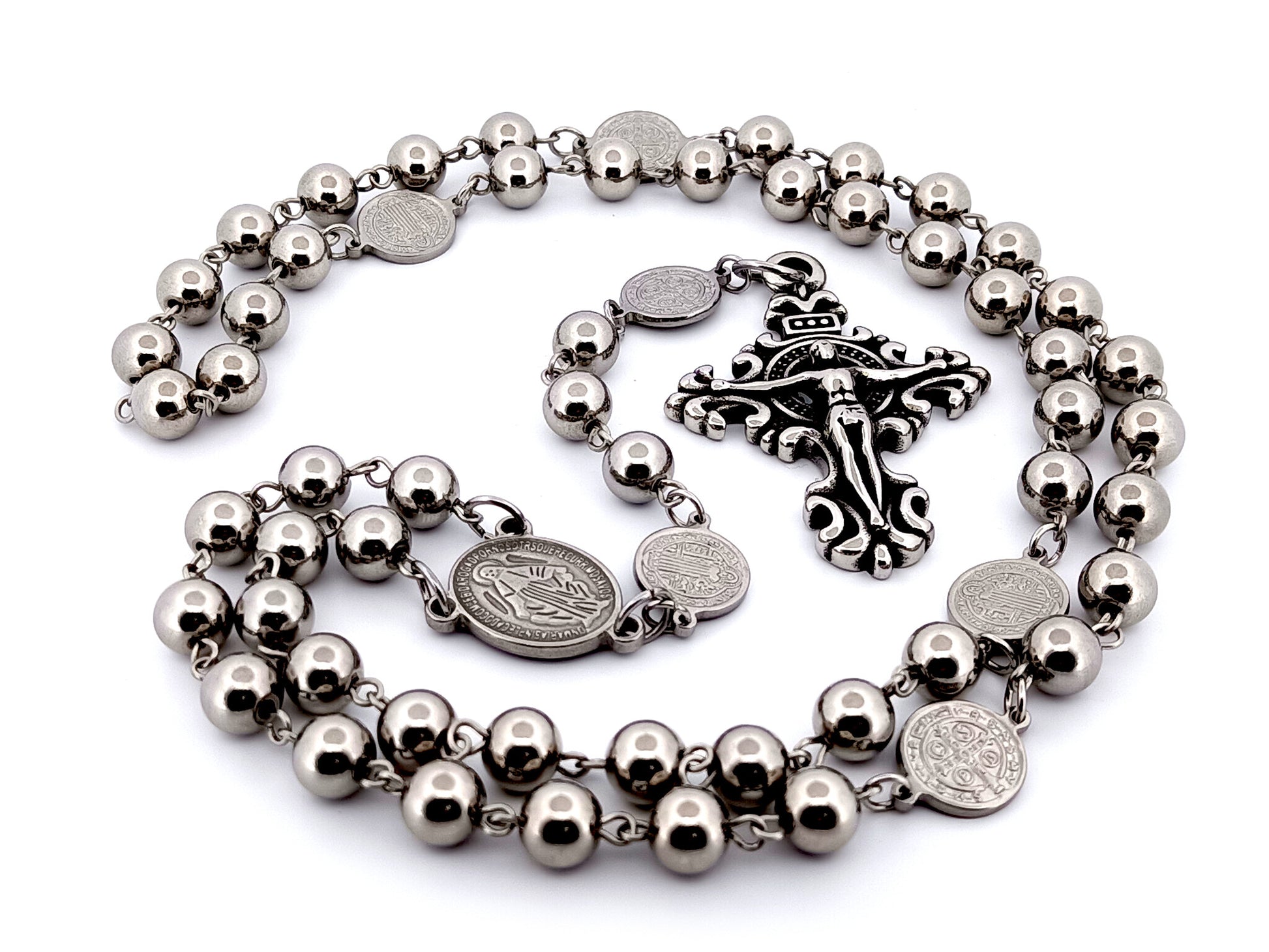 Miraculous medal stainless steel large rosary beads with Saint Benedict medals and scroll crucifix.