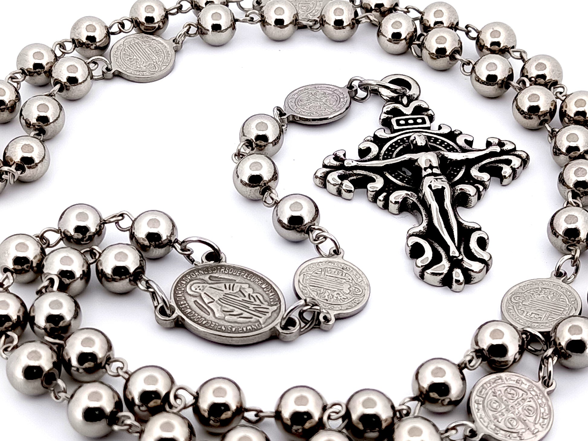 Miraculous medal stainless steel large rosary beads with Saint Benedict medals and scroll crucifix.