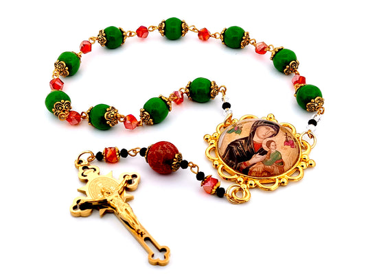 Our Lady of Perpetual Succor unique rosary beads gemstone large single decade rosary beads with Saint Benedict crucifix.