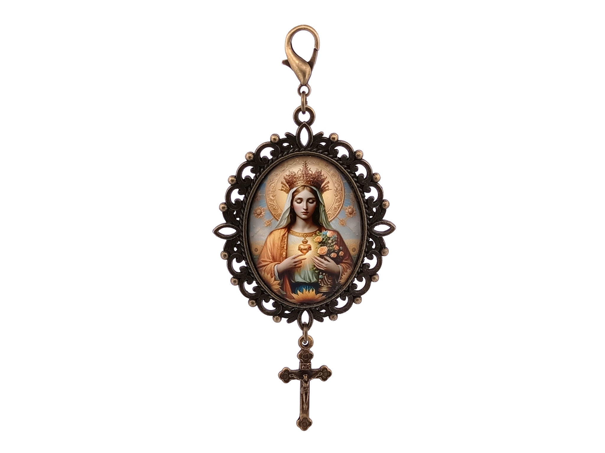 Large Immaculate Heart of Mary Queen of Heaven unique rosary beads domed picture medal key fob with small crucifix.