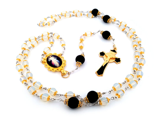 Divine Mercy unique rosary beads opal and onyx gemstone rosary beads with enamel Saint Benedict crucifix.