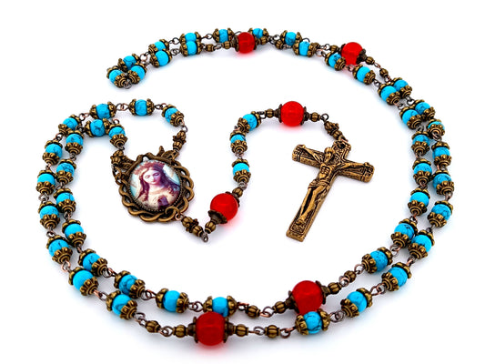 Our Lady Queen of Heaven unique rosary beads turquoise and ruby gemstone rosary beads with brass crucifix.