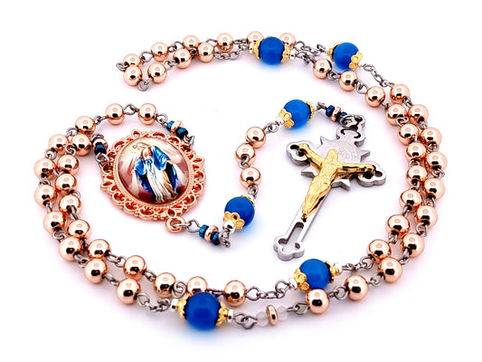 Our Lady of Grace unique rosary beads rose gold gemstone rosary beads with Saint Benedict crucifix.