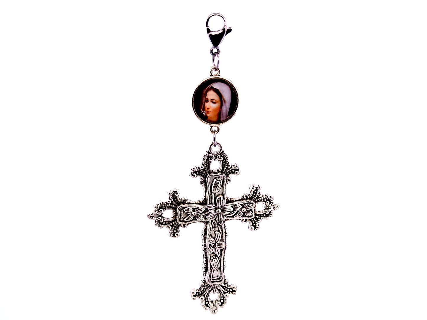 Our Lady of Grace domed medal with floral cross key fob with lobster clasp.