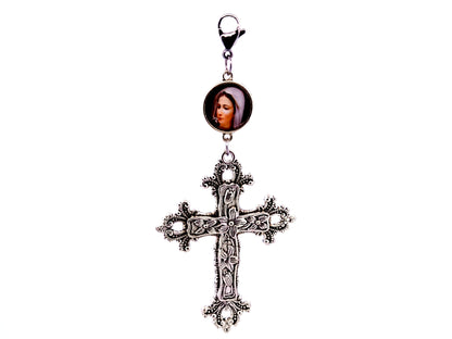 Our Lady of Grace domed medal with floral cross key fob with lobster clasp.