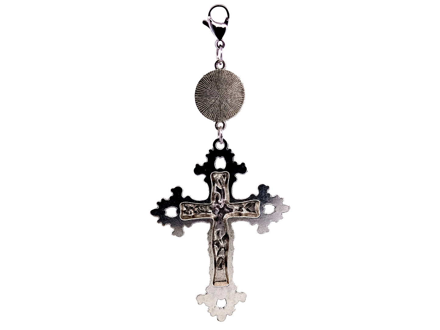 Our Lady of Grace domed medal with floral cross key fob with lobster clasp.