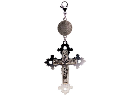 Our Lady of Grace domed medal with floral cross key fob with lobster clasp.