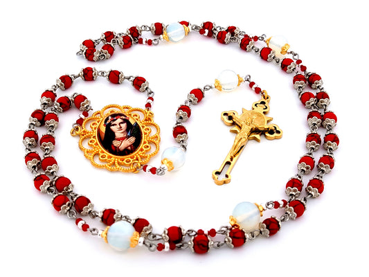Saint Philomena unique rosary beads gemstone rosary beads with Saint Benedict gold plated crucifix.
