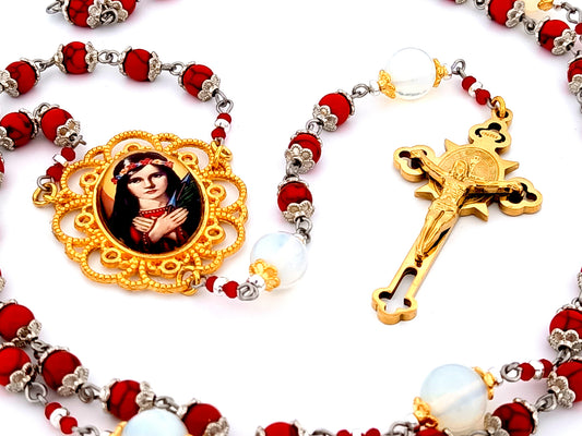 Saint Philomena unique rosary beads gemstone rosary beads with Saint Benedict gold plated crucifix.