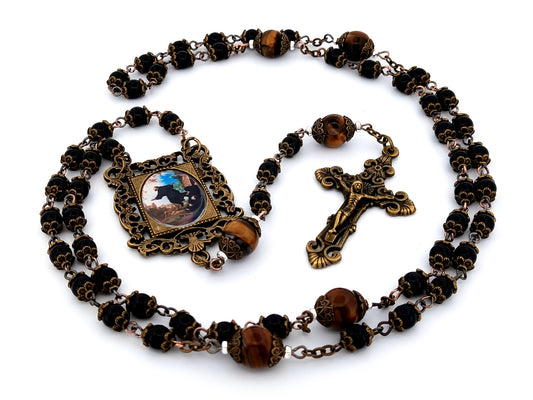 Vintage style unique rosary beads Saint Joseph de Cupertino onyx gemstone rosary beads with brass filigree crucifix.