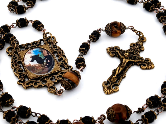 Vintage style unique rosary beads Saint Joseph de Cupertino onyx gemstone rosary beads with brass filigree crucifix.