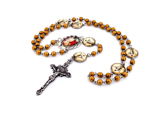 Sacred Heart and Saint Margaret Mary Alacoque unique rosary beads gemstone rosary beads with sunburst crucifix.