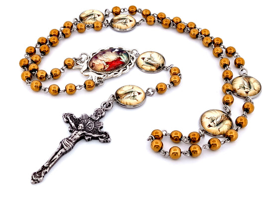 Sacred Heart and Saint Margaret Mary Alacoque unique rosary beads gemstone rosary beads with sunburst crucifix.