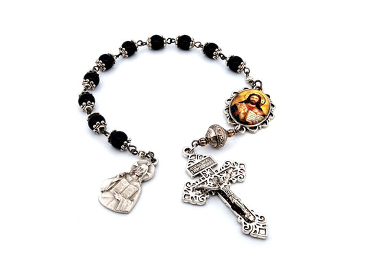 Jesus the Pantocrator unique rosary beads onyx gemstone single decade rosary beads with pardon crucifix.
