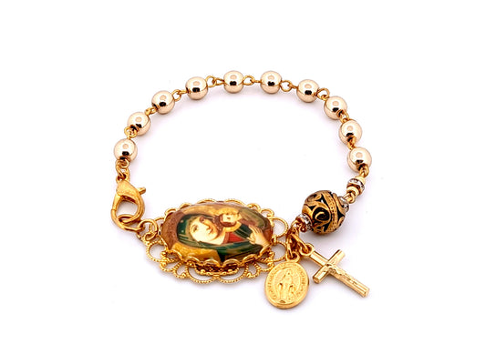 Our Lady of Perpetual Succor single decade gemstone rosary bracelet with gold Miraculous medal.