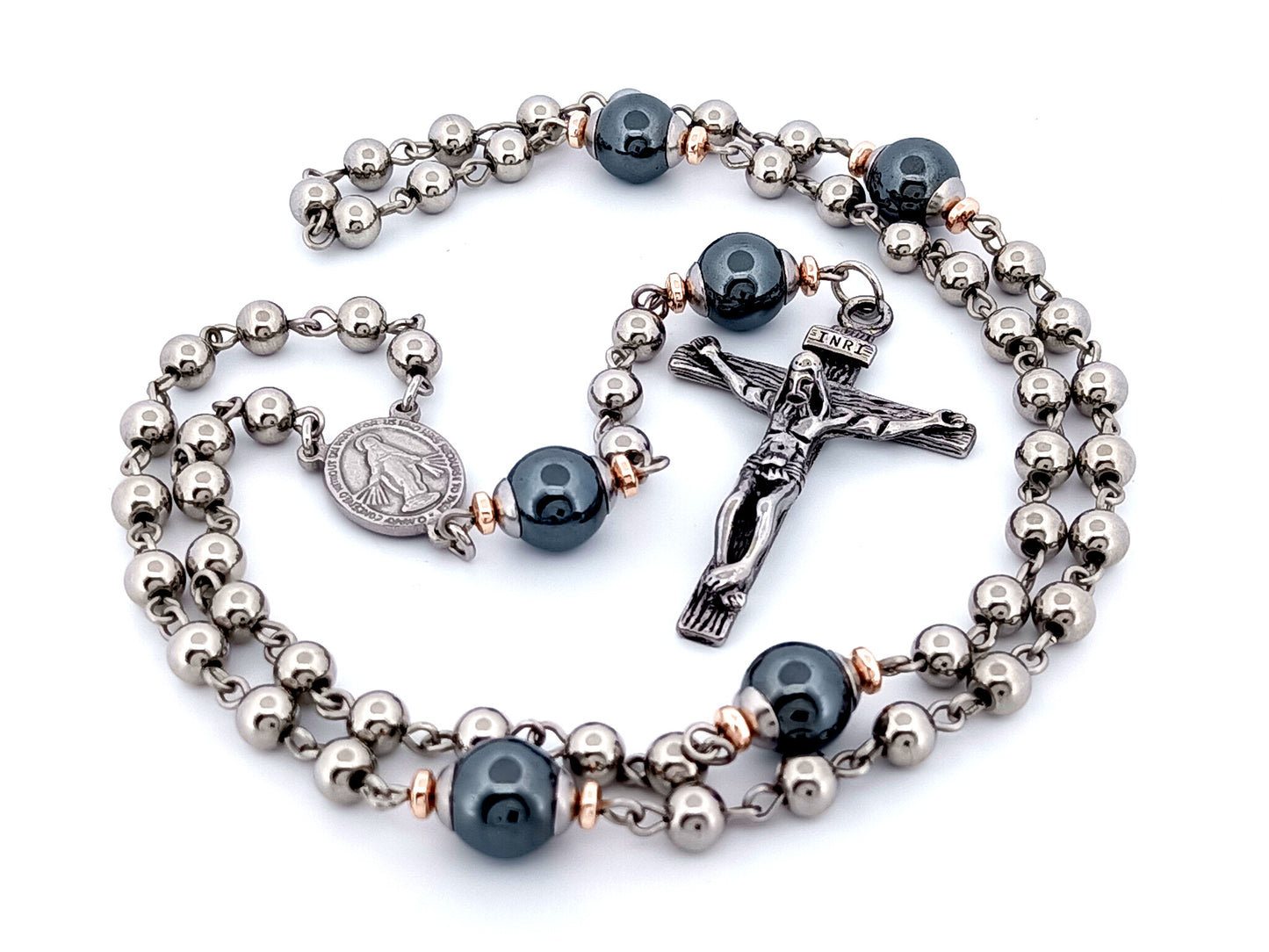 Miraculous medal unique rosary beads stainless steel and gemstone rosary beads with stainless steel crucifix. 