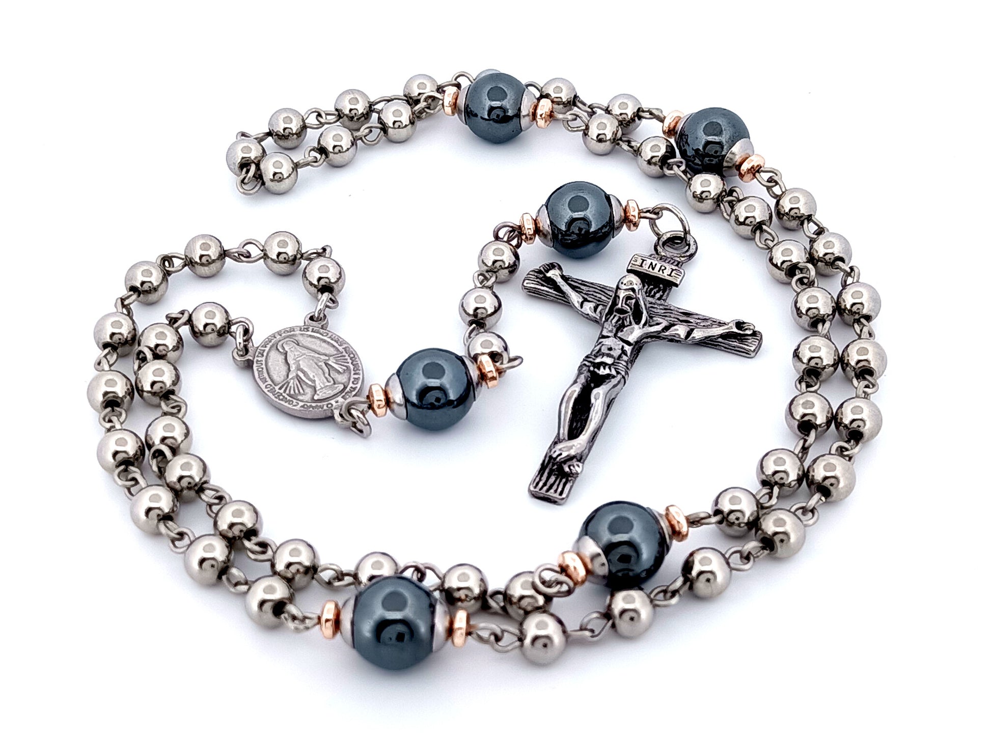Miraculous medal unique rosary beads stainless steel and gemstone rosary beads with stainless steel crucifix. 