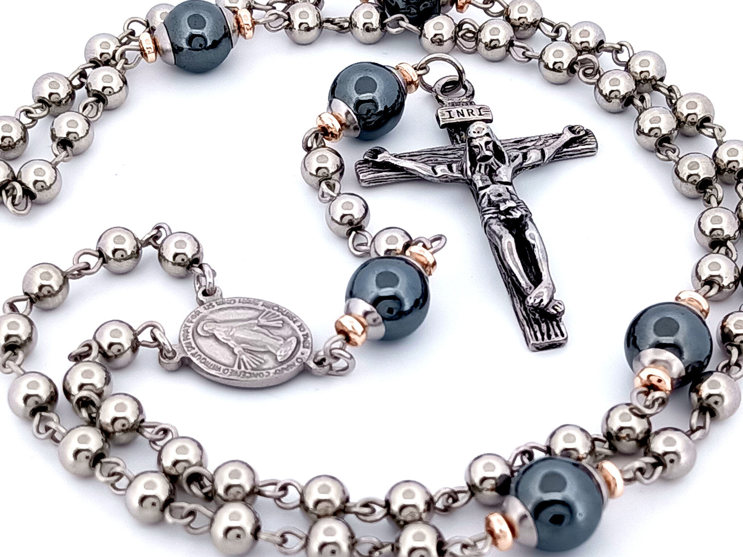 Miraculous medal unique rosary beads stainless steel and gemstone rosary beads with stainless steel crucifix. 