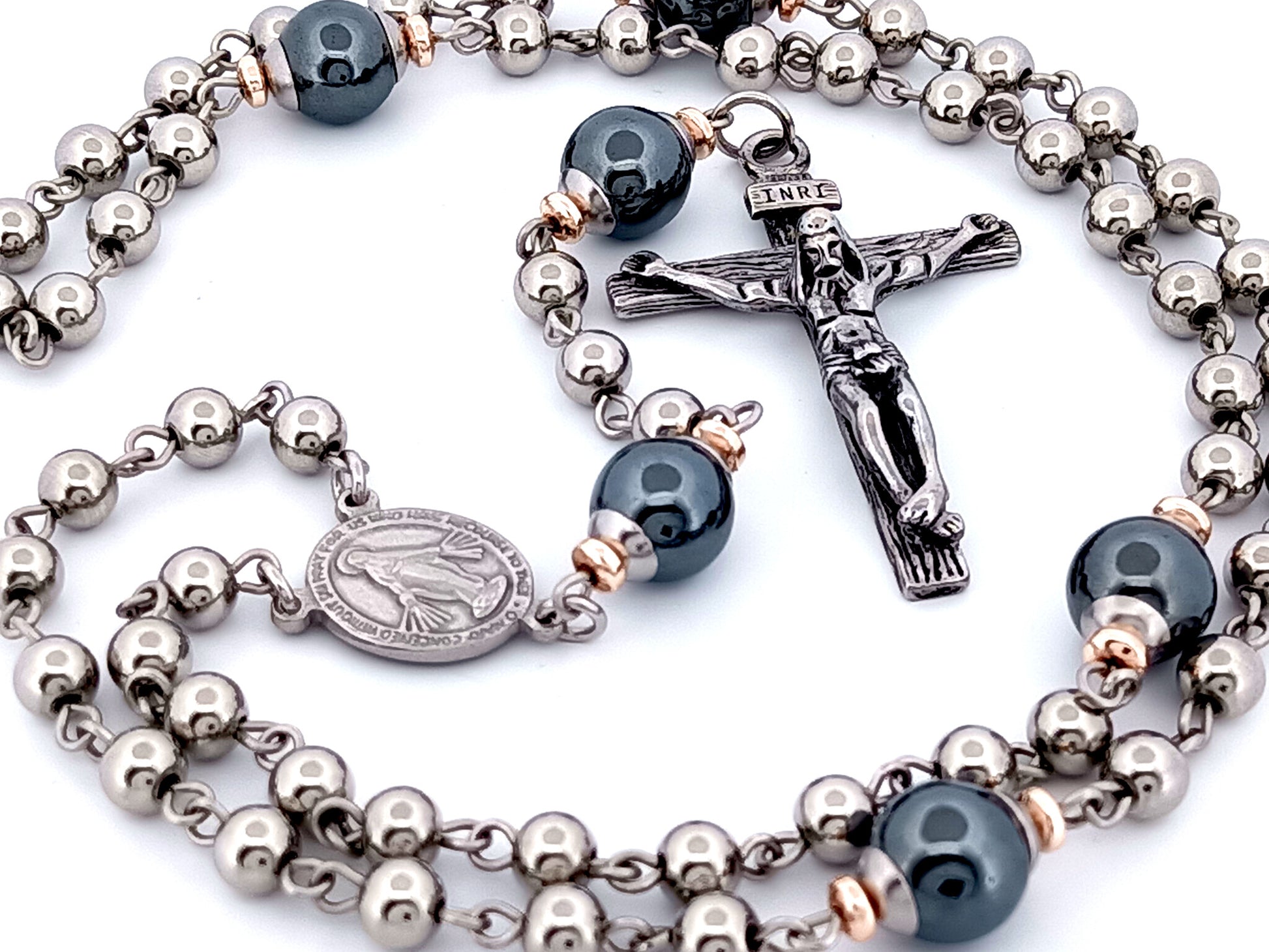 Miraculous medal unique rosary beads stainless steel and gemstone rosary beads with stainless steel crucifix. 