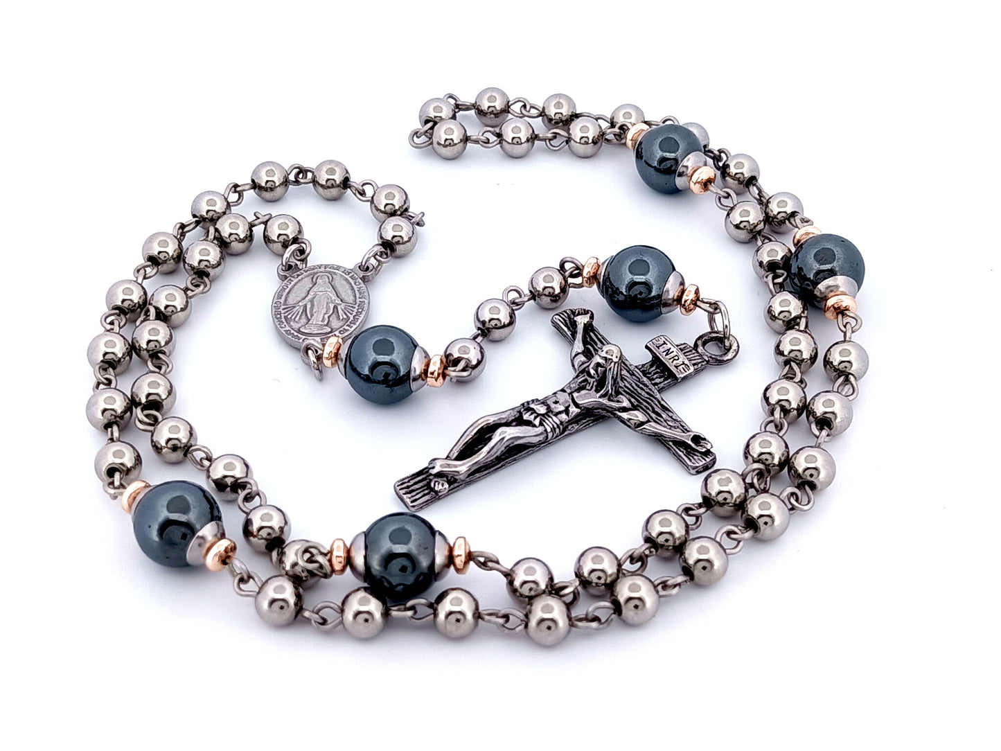 Miraculous medal unique rosary beads stainless steel and gemstone rosary beads with stainless steel crucifix. 