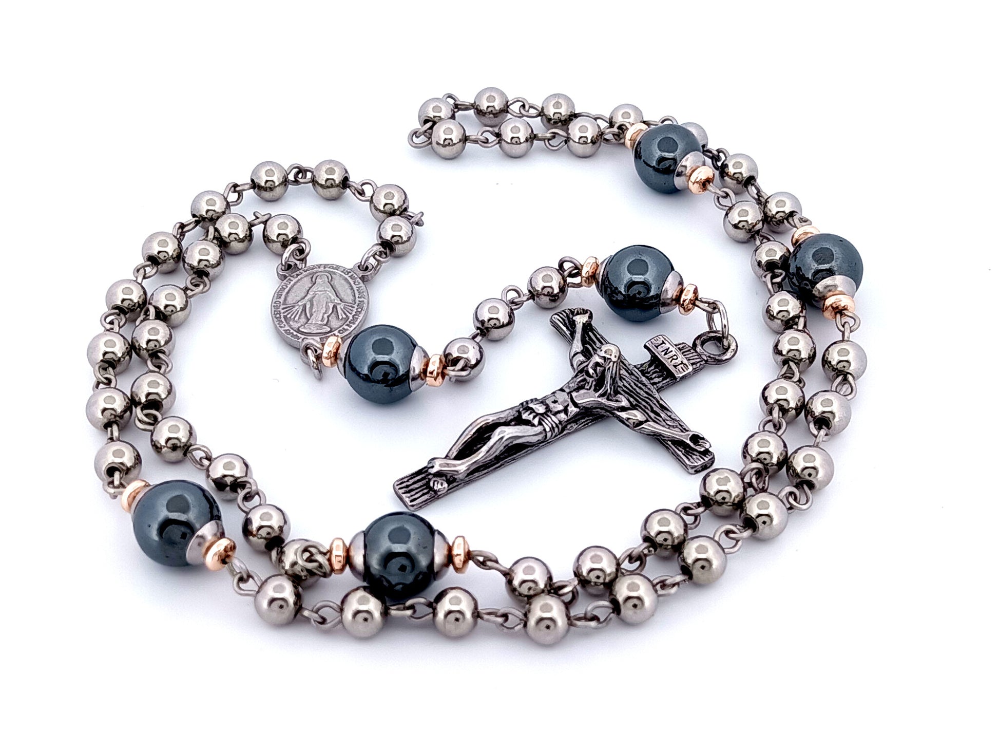 Miraculous medal unique rosary beads stainless steel and gemstone rosary beads with stainless steel crucifix. 