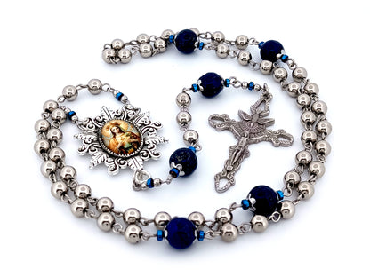 Our Lady Queen of Heaven unique rosary beads stainless steel and gemstone rosary beads with Holy Spirit crucifix.