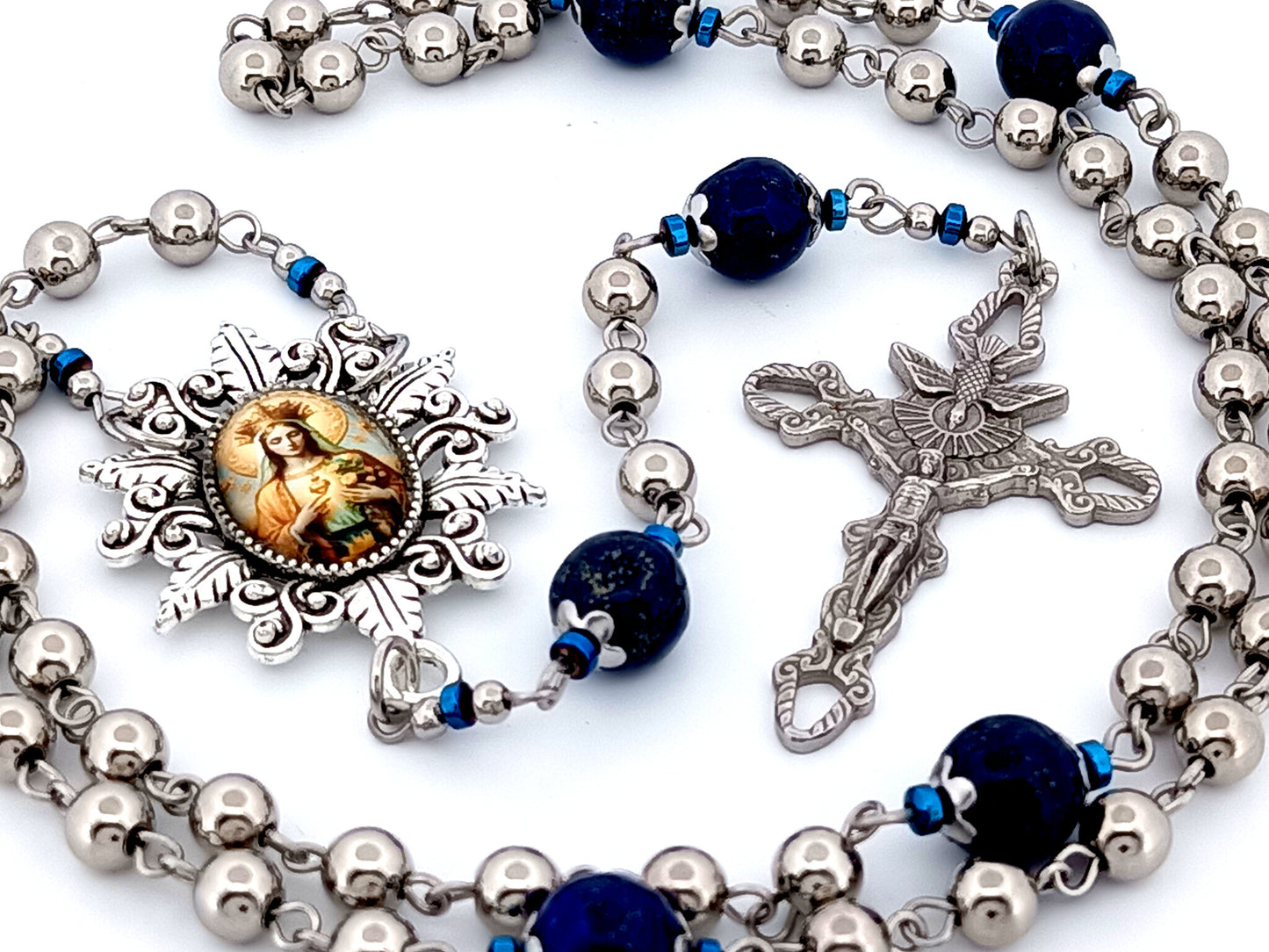 Our Lady Queen of Heaven unique rosary beads stainless steel and gemstone rosary beads with Holy Spirit crucifix.