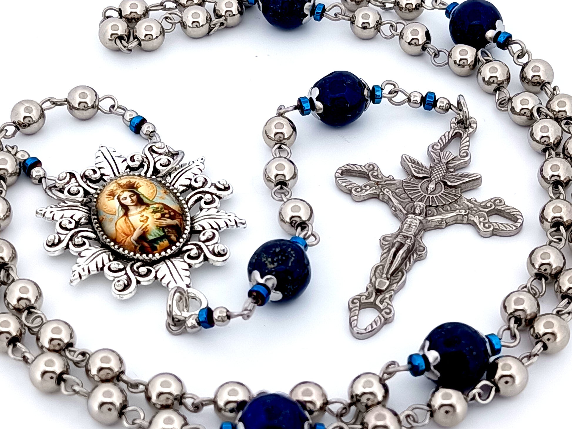 Our Lady Queen of Heaven unique rosary beads stainless steel and gemstone rosary beads with Holy Spirit crucifix.