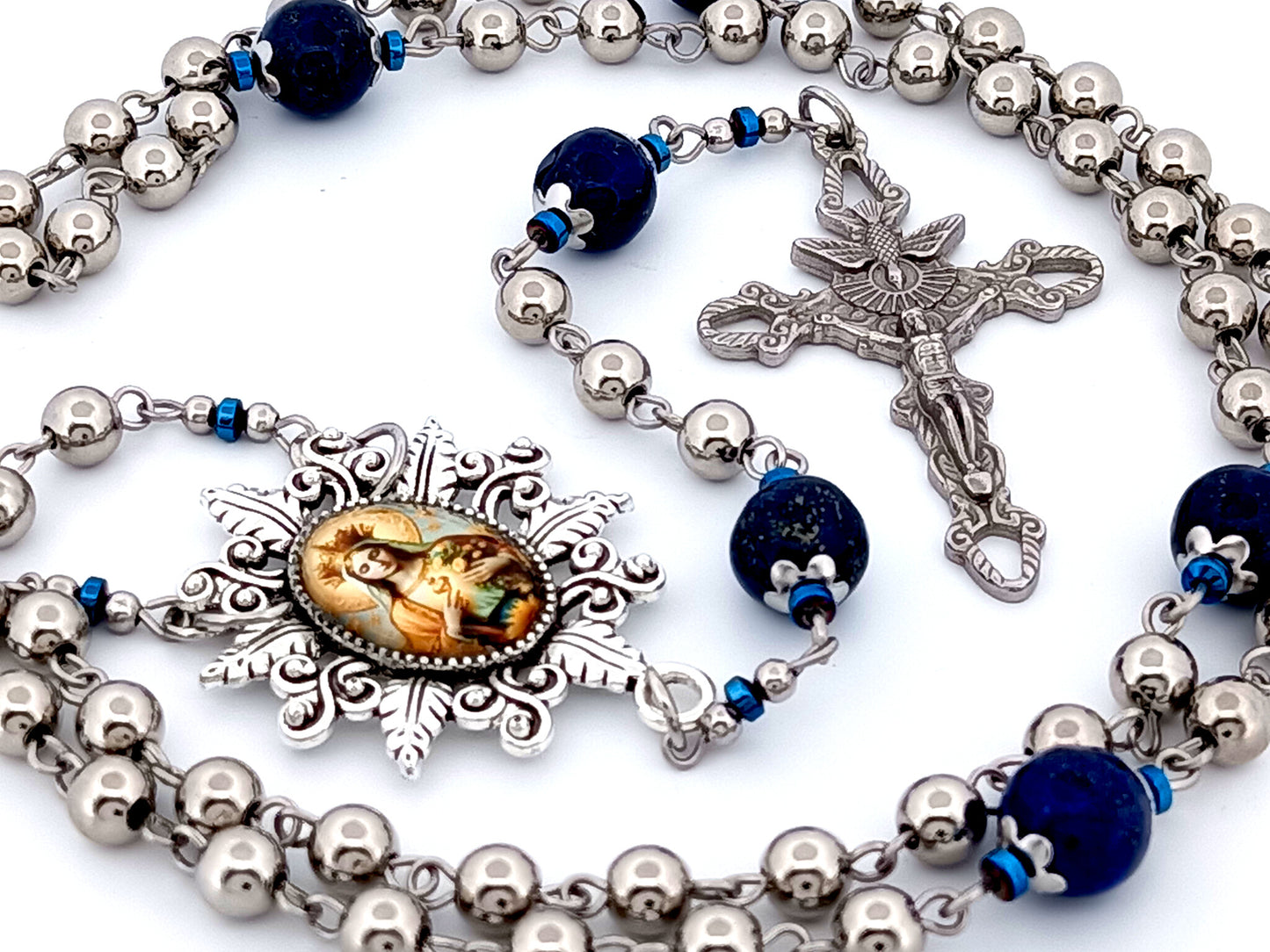 Our Lady Queen of Heaven unique rosary beads stainless steel and gemstone rosary beads with Holy Spirit crucifix.