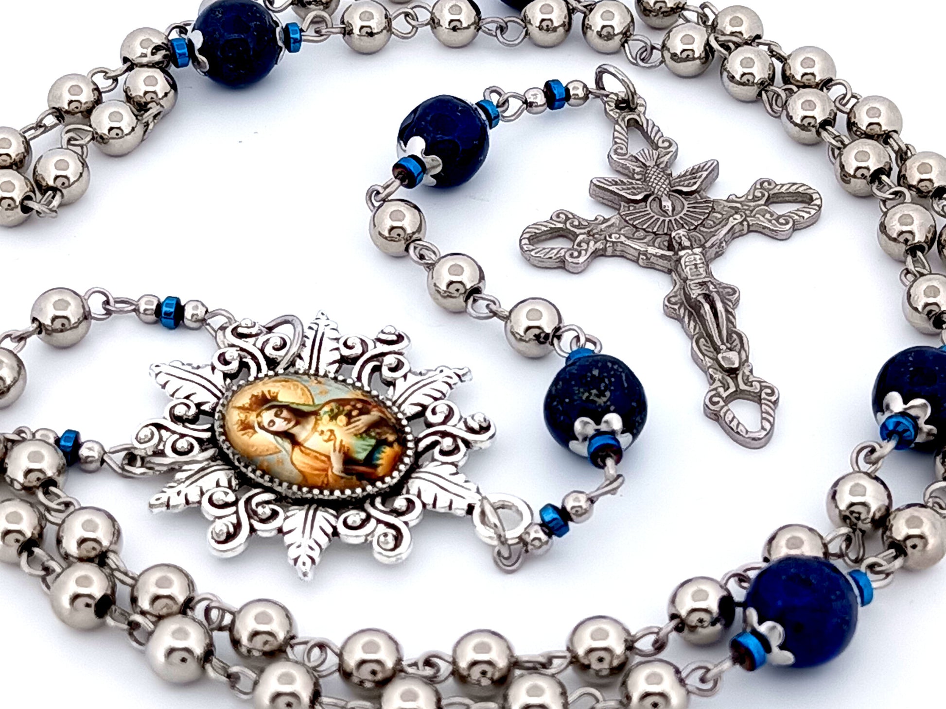 Our Lady Queen of Heaven unique rosary beads stainless steel and gemstone rosary beads with Holy Spirit crucifix.