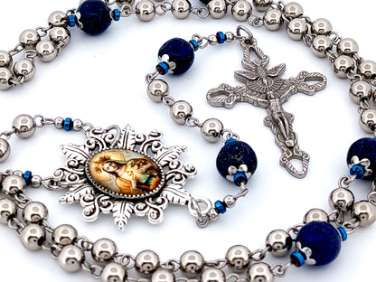 Our Lady Queen of Heaven unique rosary beads stainless steel and gemstone rosary beads with Holy Spirit crucifix.