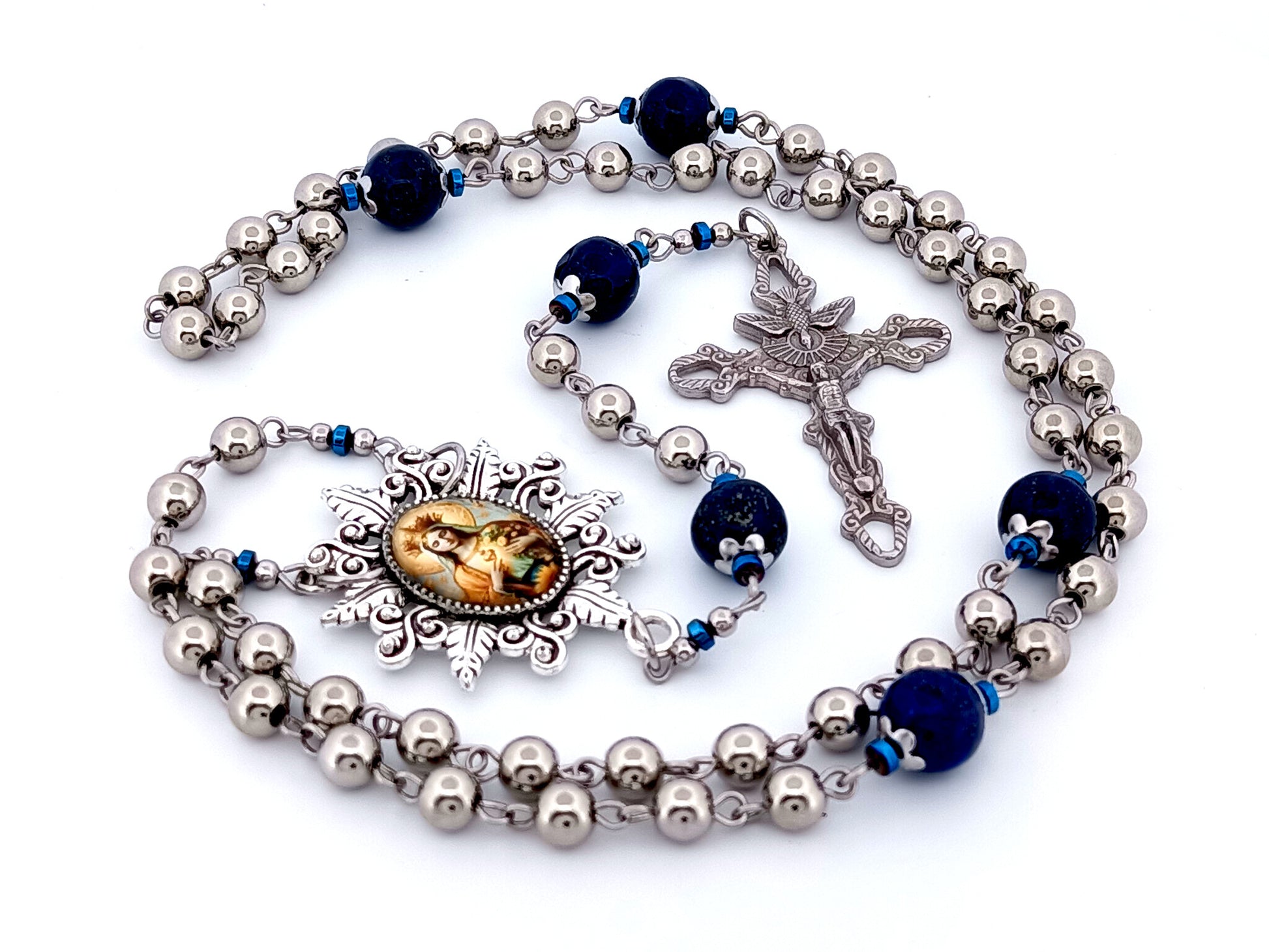Our Lady Queen of Heaven unique rosary beads stainless steel and gemstone rosary beads with Holy Spirit crucifix.