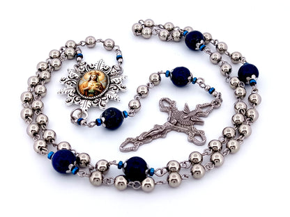 Our Lady Queen of Heaven unique rosary beads stainless steel and gemstone rosary beads with Holy Spirit crucifix.