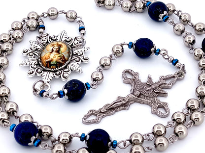 Our Lady Queen of Heaven unique rosary beads stainless steel and gemstone rosary beads with Holy Spirit crucifix.