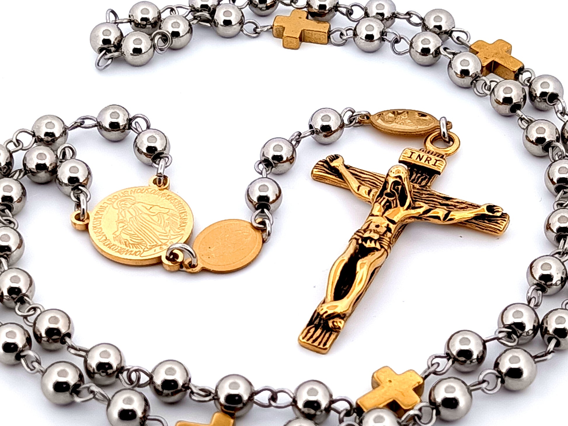 Miraculous medal unique rosary beads gold plated stainless steel rosary beads with gold cross linking beads.
