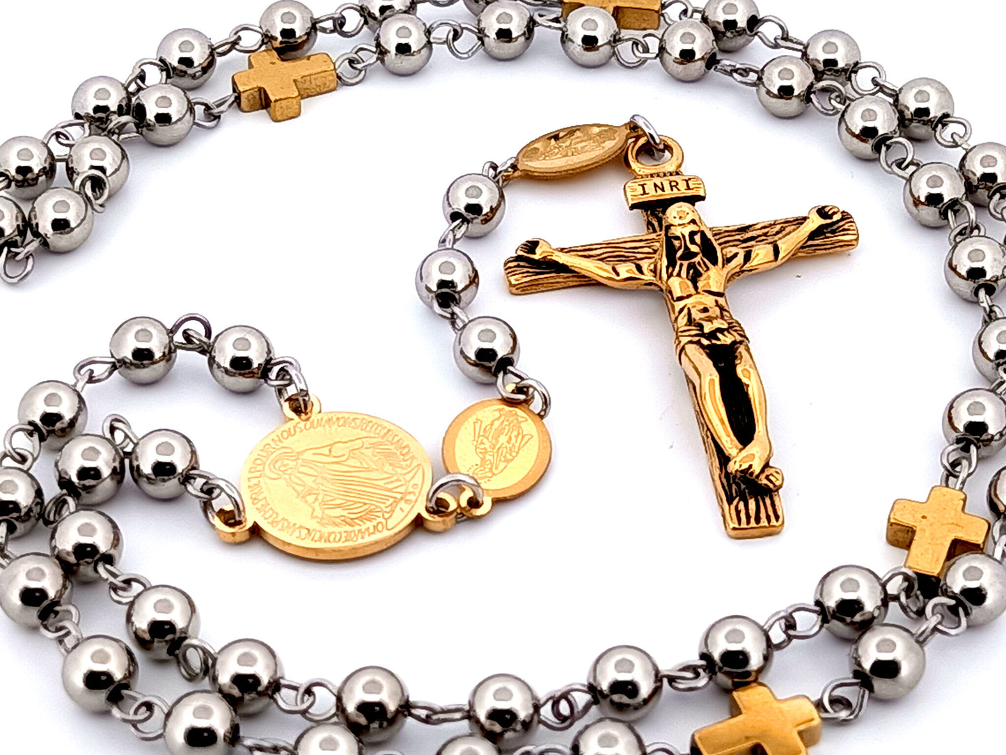 Miraculous medal unique rosary beads gold plated stainless steel rosary beads with gold cross linking beads.