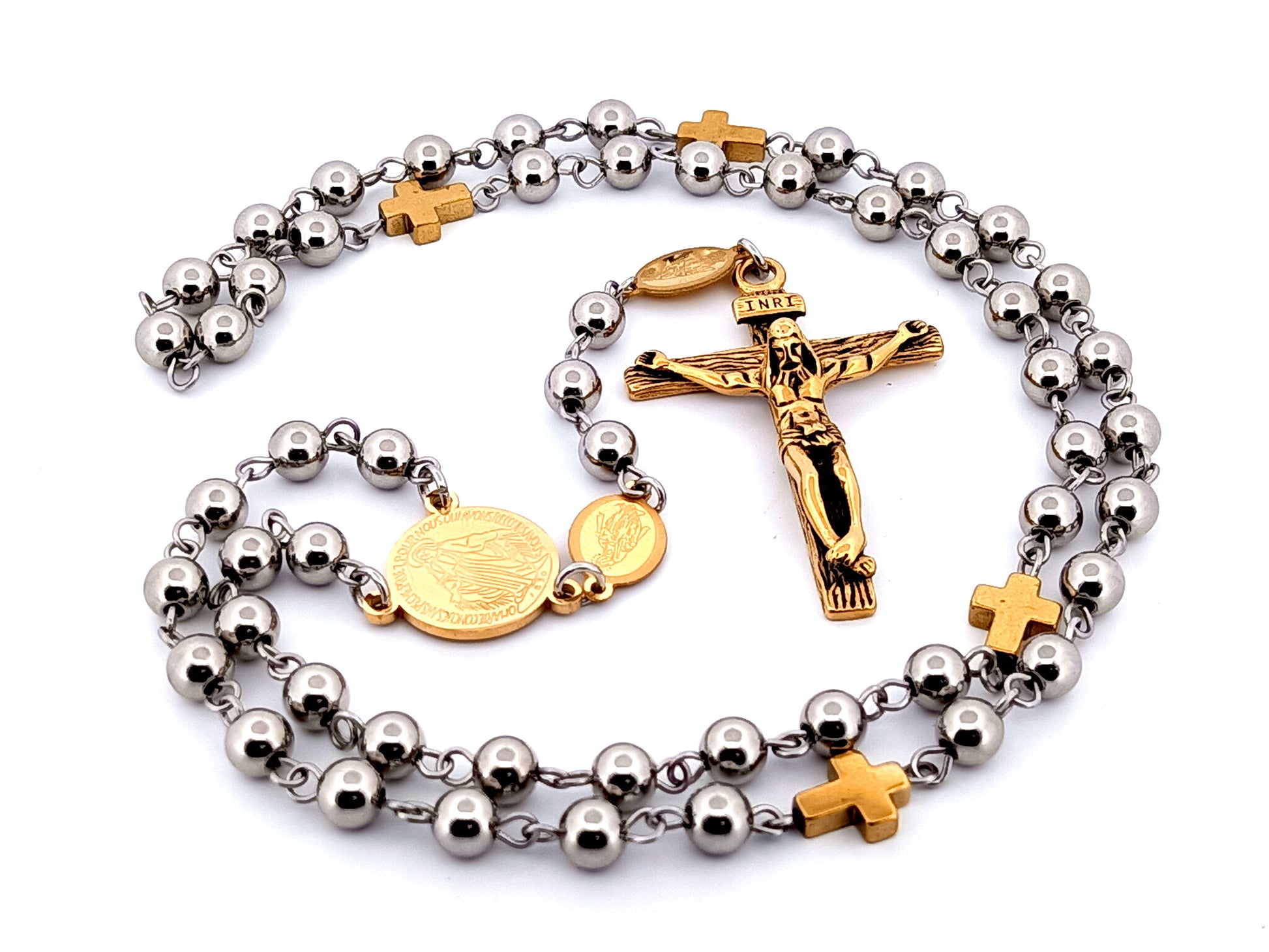 Miraculous medal unique rosary beads gold plated stainless steel rosary beads with gold cross linking beads.