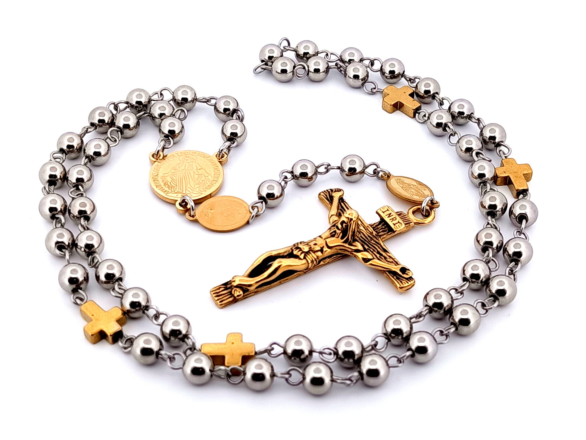 Miraculous medal unique rosary beads gold plated stainless steel rosary beads with gold cross linking beads.