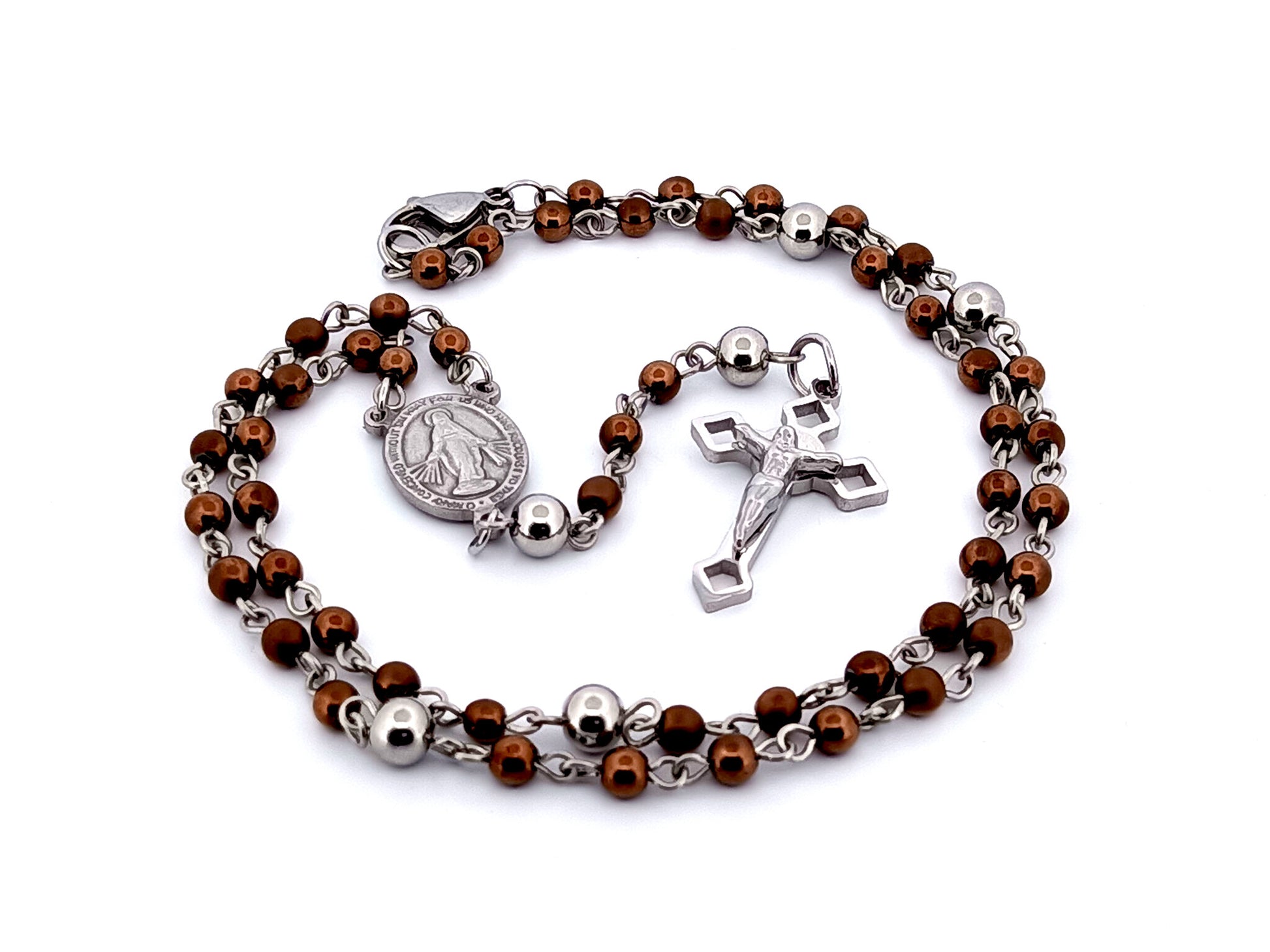 Miniature Miraculous medal unique rosary beads bronze hematite gemstone wearable rosary bead necklace with Saint Benedict crucifix.