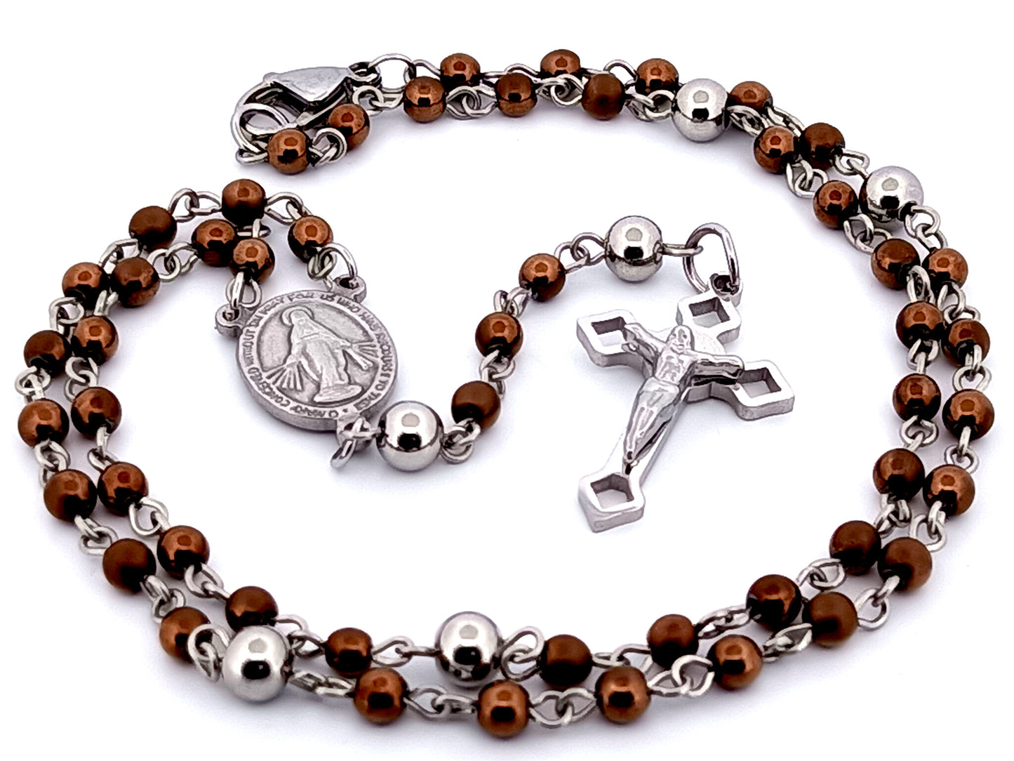 Miniature Miraculous medal unique rosary beads bronze hematite gemstone wearable rosary bead necklace with Saint Benedict crucifix.