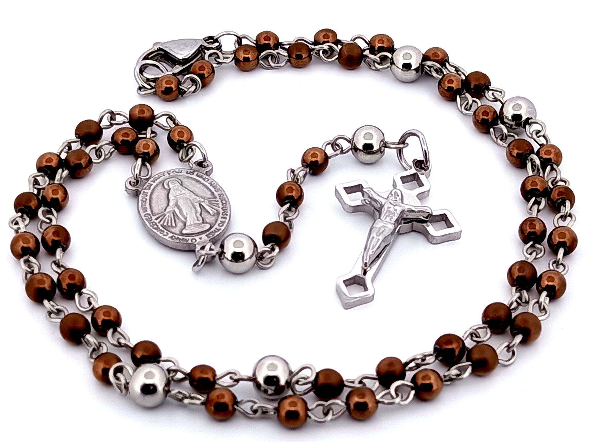 Miniature Miraculous medal unique rosary beads bronze hematite gemstone wearable rosary bead necklace with Saint Benedict crucifix.