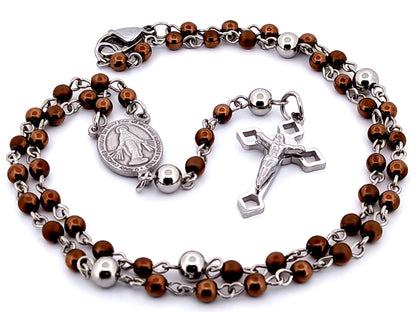 Miniature Miraculous medal unique rosary beads bronze hematite gemstone wearable rosary bead necklace with Saint Benedict crucifix.