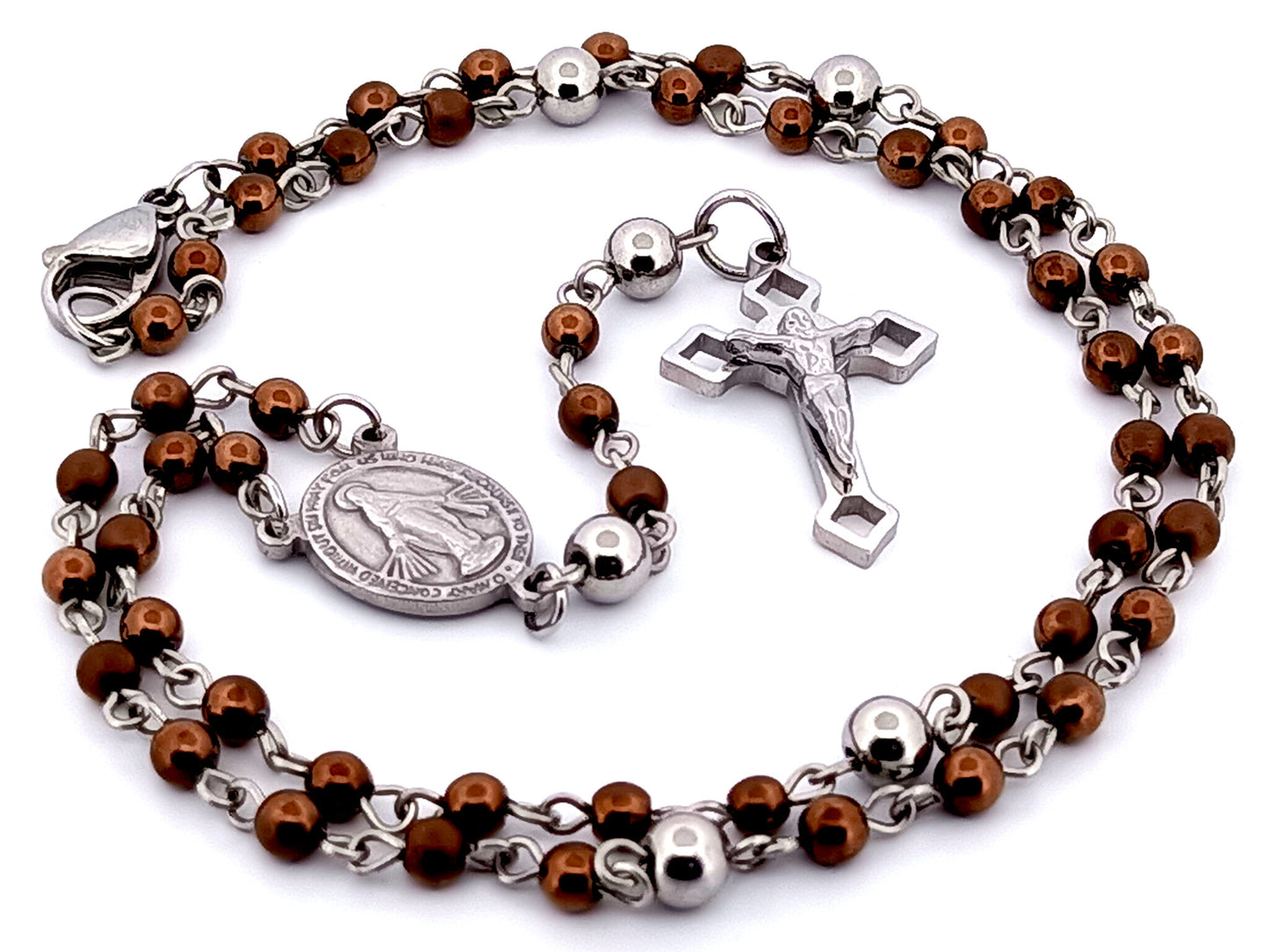 Miniature Miraculous medal unique rosary beads bronze hematite gemstone wearable rosary bead necklace with Saint Benedict crucifix.